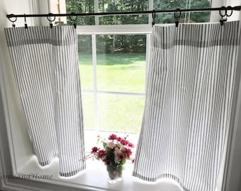 Classic ticking Stripe Cafe curtains. black white stripe valance. Light Pink  grey ONE valance. 2 panels Curtains. Valance. Window Valance