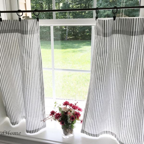 Classic ticking Stripe Cafe curtains. black white stripe valance. Light Pink  grey ONE valance. 2 panels Curtains. Valance. Window Valance