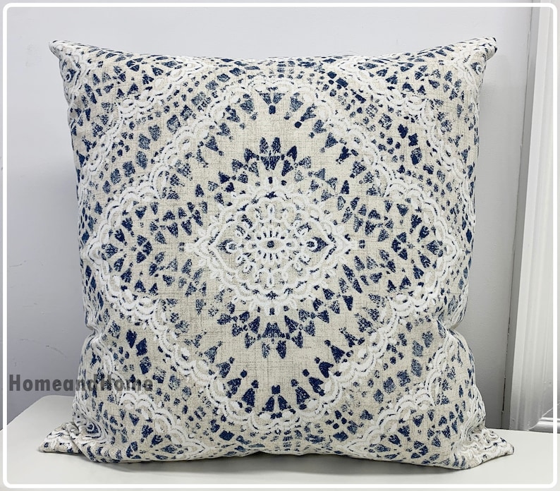 cream tan Waverly Pillow cover 18x 18 Zipper Closure white taupe and shades of blue.
