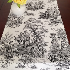 Colonial Toile Black and White table runner dining rectange holidays weddings party designer fabric cotton