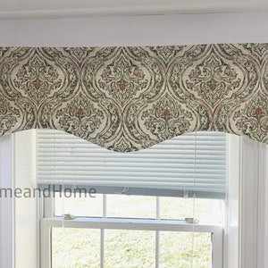 Medallion Scalloped Valance floral framed medallion shades brown and rust Gray FULLY lined window valance. Window Treatments Kitchen Valance
