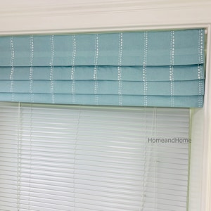 Faux Roman Shade. Flat Roman Shade Valance. Fake Roman Shade Valance. Spa Blue Valance. Snowy Blue Navy Blue White.