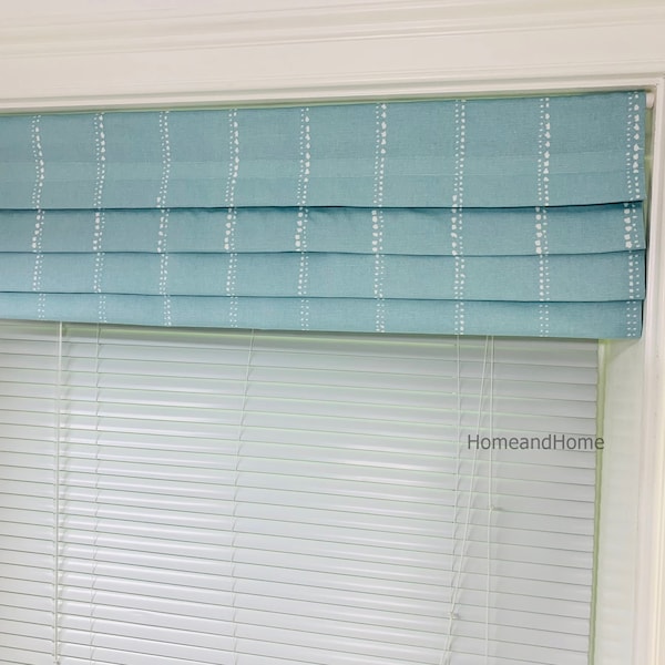 Faux Roman Shade. Flat Roman Shade Valance. Fake Roman Shade Valance. Spa Blue Valance. Snowy Blue Navy Blue White.