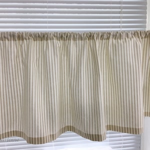 Sand Ivory ticking Stripe Cafe curtains. Sand color stripe valance. Stripe valance. Stripe Curtain Valance. Window Valance