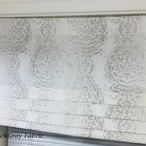 Faux Roman Shade. Flat Roman Shade Valance. Fake Roman Shade Valance. Fake Valance. Light Gray. Taupe valance. Snowy Blue valance.