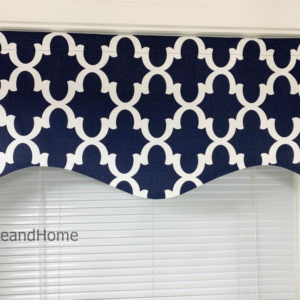 Scalloped Valance lined window valance. Lined valances decorative valance. navy blue blue White. Blue Custom valance. Kitchen Valance