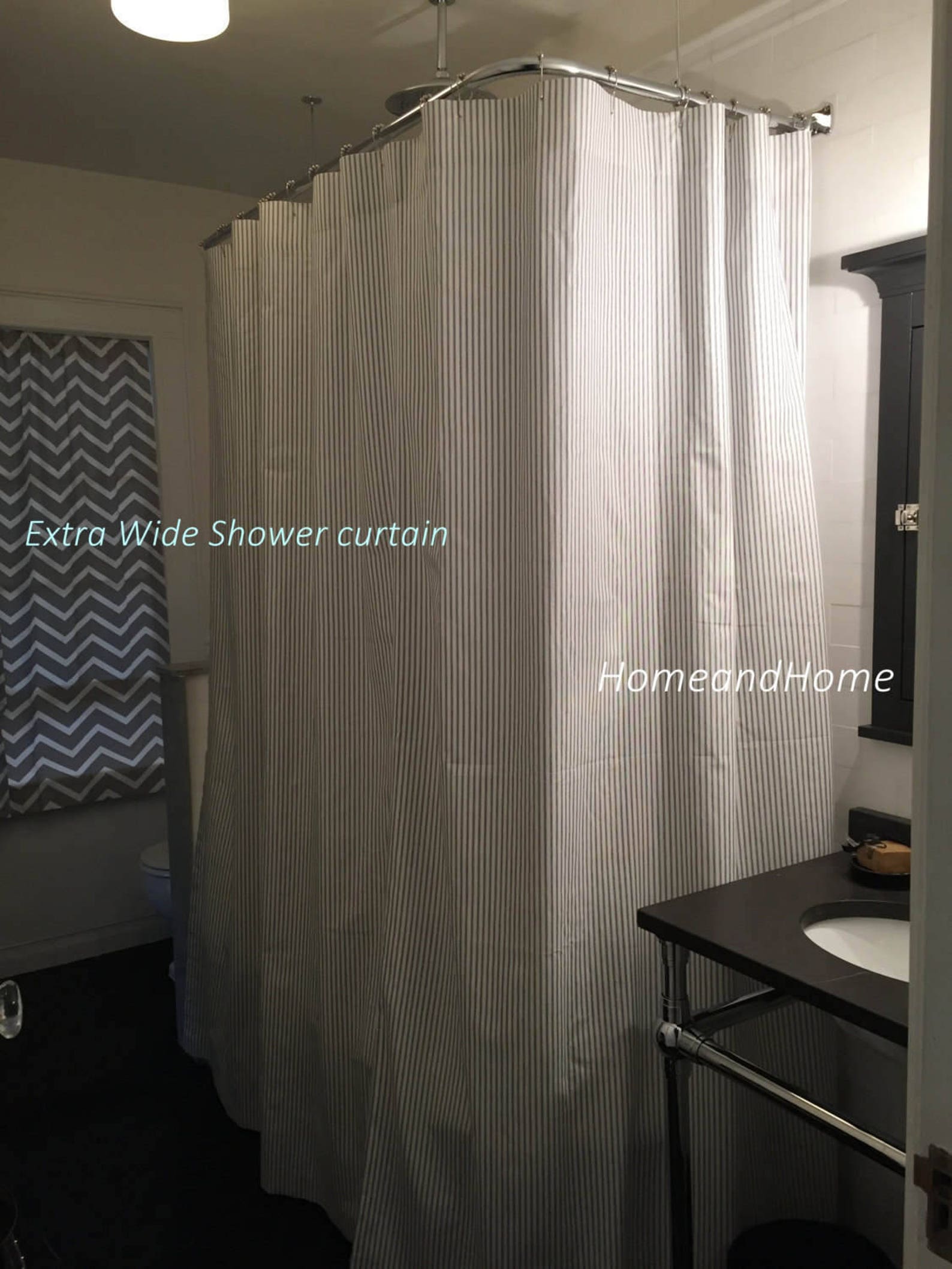 Navy Blue White Shower Curtain Horizontal Striped Long Shower | Etsy