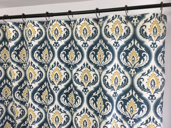 Damask Shower Curtain Indigo Blue Gold Ivory 72 X 84 108 Long Etsy