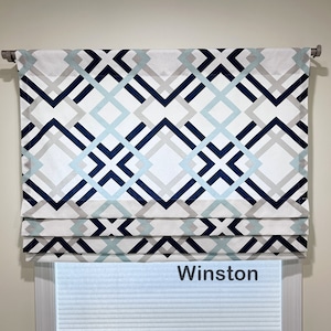 Faux Roman Shade. Diamond Flat Roman Shade Valance. Fake Roman Shade Valance. Navy blue Valance. light Blue Navy Blue Gray White.