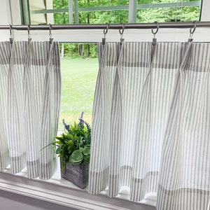 Double Pleated striped Cafe Curtain Tier Curtains Kitchen Curtain Farmhouse curtain Striped curtain Sand Gray Taupe Gray Red Blue Sage Green