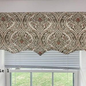 Scalloped Valance floral framed medallion shades brown and rust Gray lined window valance. Window Treatments Kitchen Valance