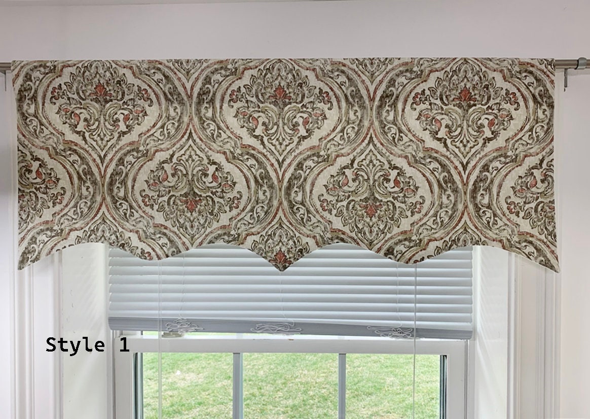 Scalloped Valance floral framed medallion shades brown and rust Gray lined window valance. Window Treatments Kitchen Valance