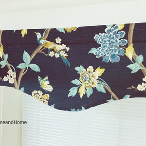Fully lined Scalloped Valance Slub Canvas Linen look Robert Allen Bird Floral lined window valance Window Treatments Blue Gold Green Yellow