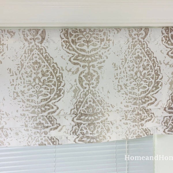 Faux Roman Shade. Flat Roman Shade Valance. Fake Roman Shade Valance. Fake Valance. Light Gray. Taupe valance. Snowy Blue valance.