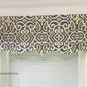 Scalloped Valance Robert Allen Dwell Studio New Damask Greystone grey golden yellow lined window valance Window Treatments  Kitchen Valance