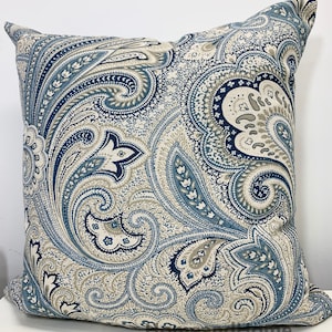 Heavy weigh pillow cover Zipper Closure Paisley pillow cover. navy blue, chambray, tan Decorative Throw Pillow 20 x20
