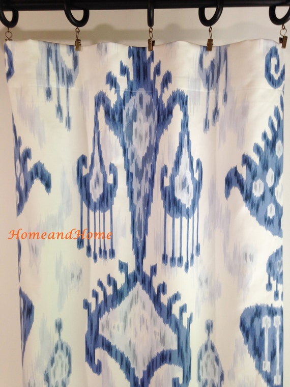 Ikat Curtains 50w One Pair Indigo Blue Drapery Panels Designer Etsy