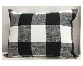 Zipper Closure Black White Buffalo Check Buffalo Plaid Check Pillow Covers Euro Shams Throw Pillow lumbar 24x24 Ecru French Gray Snowy Blue