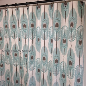 Feathers shower curtain designer fabric Feathers Slub Spirit teal shower curtain greyish brown white long shower curtain