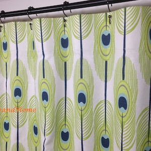Feathers shower curtain Slub Canal blue lime white navy Extra long shower curtain Extra wide shower curtain Narrow Stall shower curtain