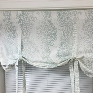 Tie Up Curtain Snowy Blue White Valance. Ecru Taupe Valance Tie Up Valance Tie Up Shade. Designer Valance. Kitchen Valance. Kitchen Curtain.