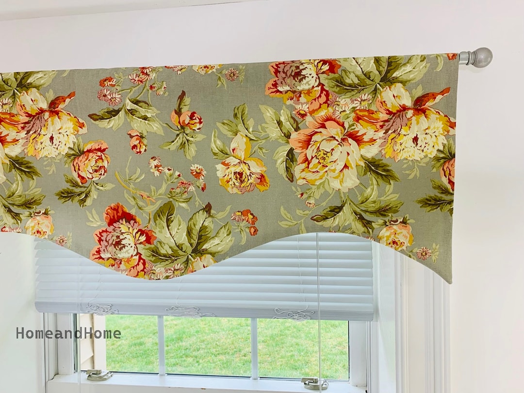 Scalloped Valance. Waverly Floral Valance Shades of Pink, Peach Lined