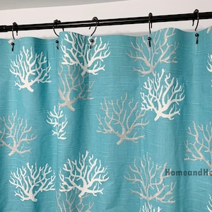 Coral Shower Curtain Coastal Blue Gray Slub canvas Linen Look slub texture 52x78 72 x84 108 long shower curtain Extra Wide shower curtain