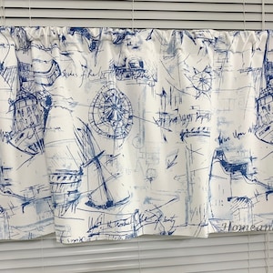 Beach house decor Valance Schooner Nautical blue white Curtain Valance Topper Window Valance Window treatments Kitchen valance Cafe Curtains
