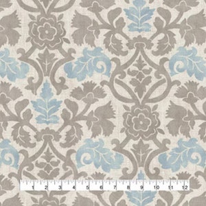 Fake Taupe Gray Sky Blue Faux Roman Shade Flat Roman Shade Valance Fake Roman Shade Valance Waverly Floral Print Scrolls