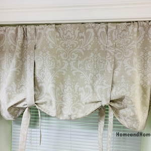 Tie Up Curtain. Damask Tie Up Valance Damask Valance Kitchen Valance Oatmeal Ivory Cloud Linen Tie Up Shade Farmhouse decor Kitchen Curtain.