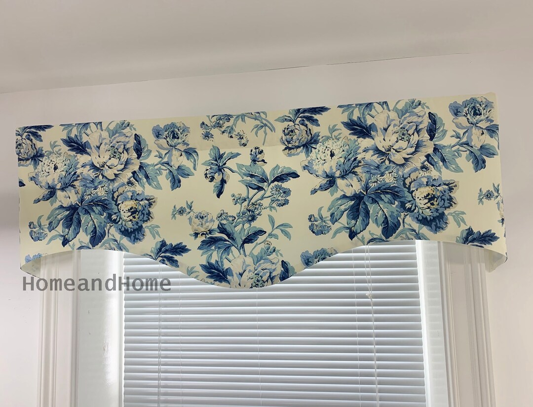 Scalloped Valance. Waverly Valance. Blue Ivory Tan Grey. Lined Window