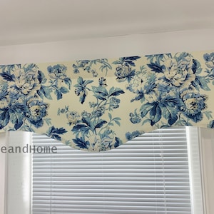 Scalloped Valance. Waverly Valance. blue ivory tan grey. lined window valance. Window Treatments. decorative valance. Kitchen Valance