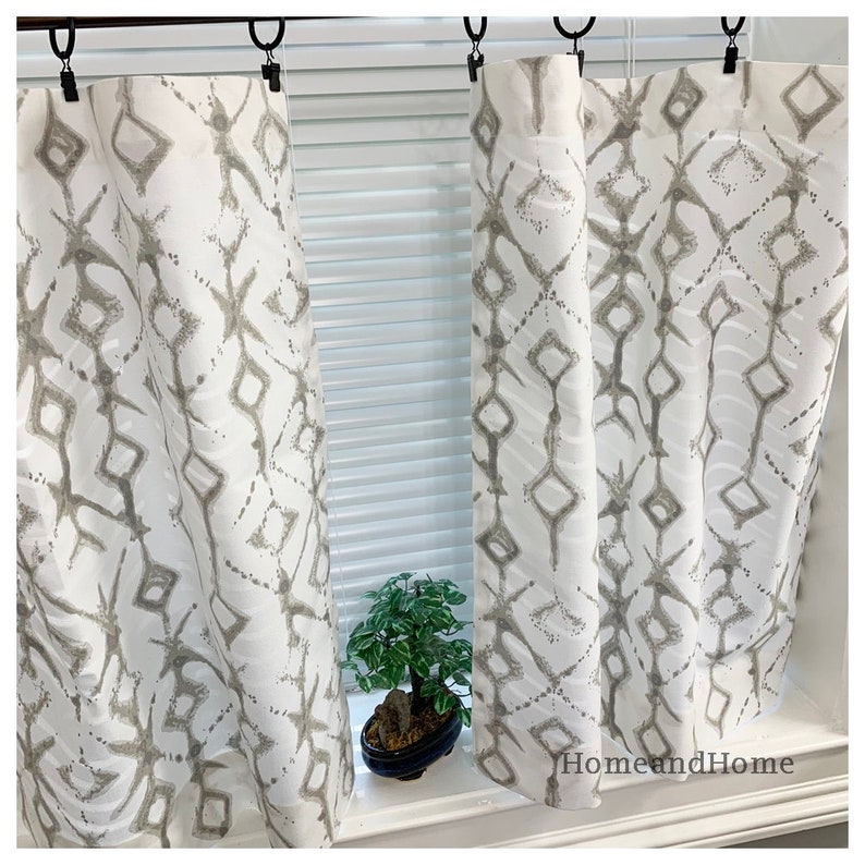Tribal Cafe Curtains Ecru White Valance Indigo Vintage Blue Image 0