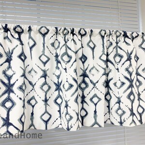 Tribal Cafe curtains. Indigo Vintage Blue Ecru valance. valance. Bathroom Curtain Valance. Window Valance. One Valance. 1 pair Cafe Curtains