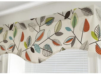 Colorful Scalloped Valance Leaf Valance window valances Covington Carson Fiesta orange aqua brown ivory Kitchen Valance lined valance.