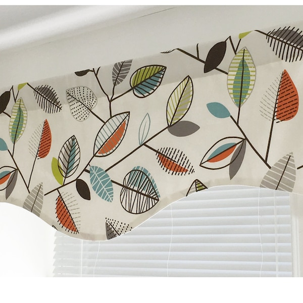 Colorful Scalloped Valance Leaf Valance window valances Covington Carson Fiesta orange aqua brown ivory Kitchen Valance lined valance.