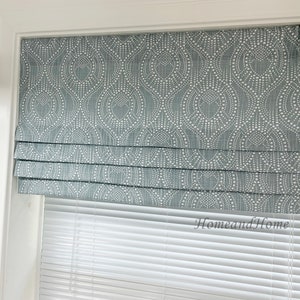 Slub canvas linen look Faux Roman Shade. Flat Roman Shade Valance. Fake Roman Shade Valance. Fake Valance Spa blue white valance.