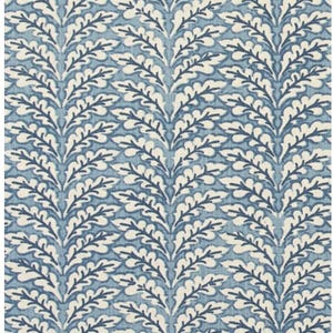 May include: Blue and white patterned fabric featuring a repeating leaf design. The leaves are white with dark blue outlines, set against a light blue background. The fabric is measured with a wooden ruler.