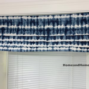 Tie Dye Faux Roman Shade. Flat Roman Shade Valance. Fake Roman Shade Valance. Blue Valance. light Blue Navy Blue White.
