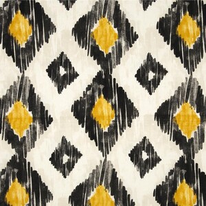 May include: A seamless fabric pattern with a repeating diamond shape design. The diamonds are outlined in black and filled with a yellow color. The background is a light beige color.