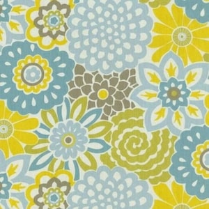 Bold Floral Waverly shades of blue taupe mustard yellow Faux Roman Shade. Flat Roman Shade Valance. Fake Roman Shade Valance. Fake Valance