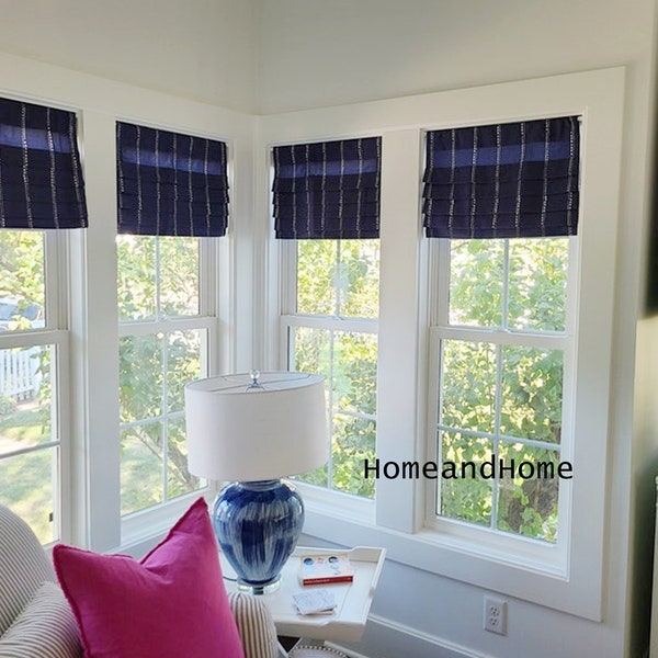 ONE Faux Roman Shade. ONE Flat Roman Shade Valance. Fake Roman Shade Valance. Blue Valance. light Blue Navy Blue White.