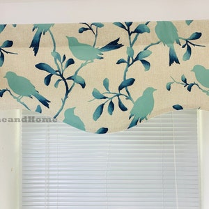 Bird Scalloped Valance. Bird Valance. Teal Aqua lined window valance. Designer Valance Farmhouse valance decorative valance. Kitchen Valance