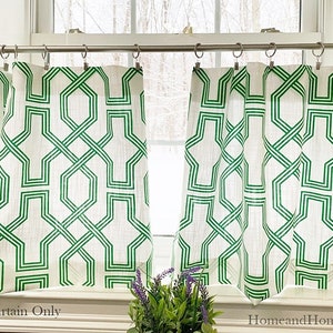 Green Cafe curtains. Green White Valance  Cafe curtains Luxe Canvas linen look Green valance. Kitchen Cafe curtains. window valance