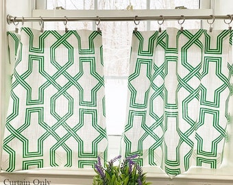 Green Cafe curtains. Green White Valance  Cafe curtains Luxe Canvas linen look Green valance. Kitchen Cafe curtains. window valance