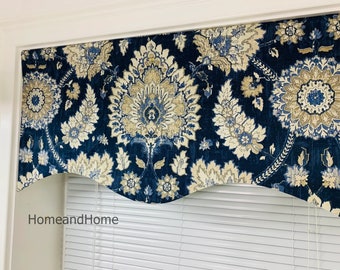 One EXTRA wide Scalloped Valance Size up to 109" Sliding door valance Lined Scalloped Valance Waverly Valance Dark Denim Blue Red Valance