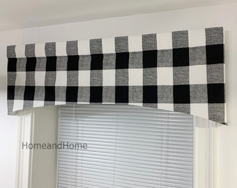 Scalloped Valance. Black White Buffalo Check Buffalo Plaid Check Gray Valance lined window valance. Ecru scalloped Valance Kitchen Valance