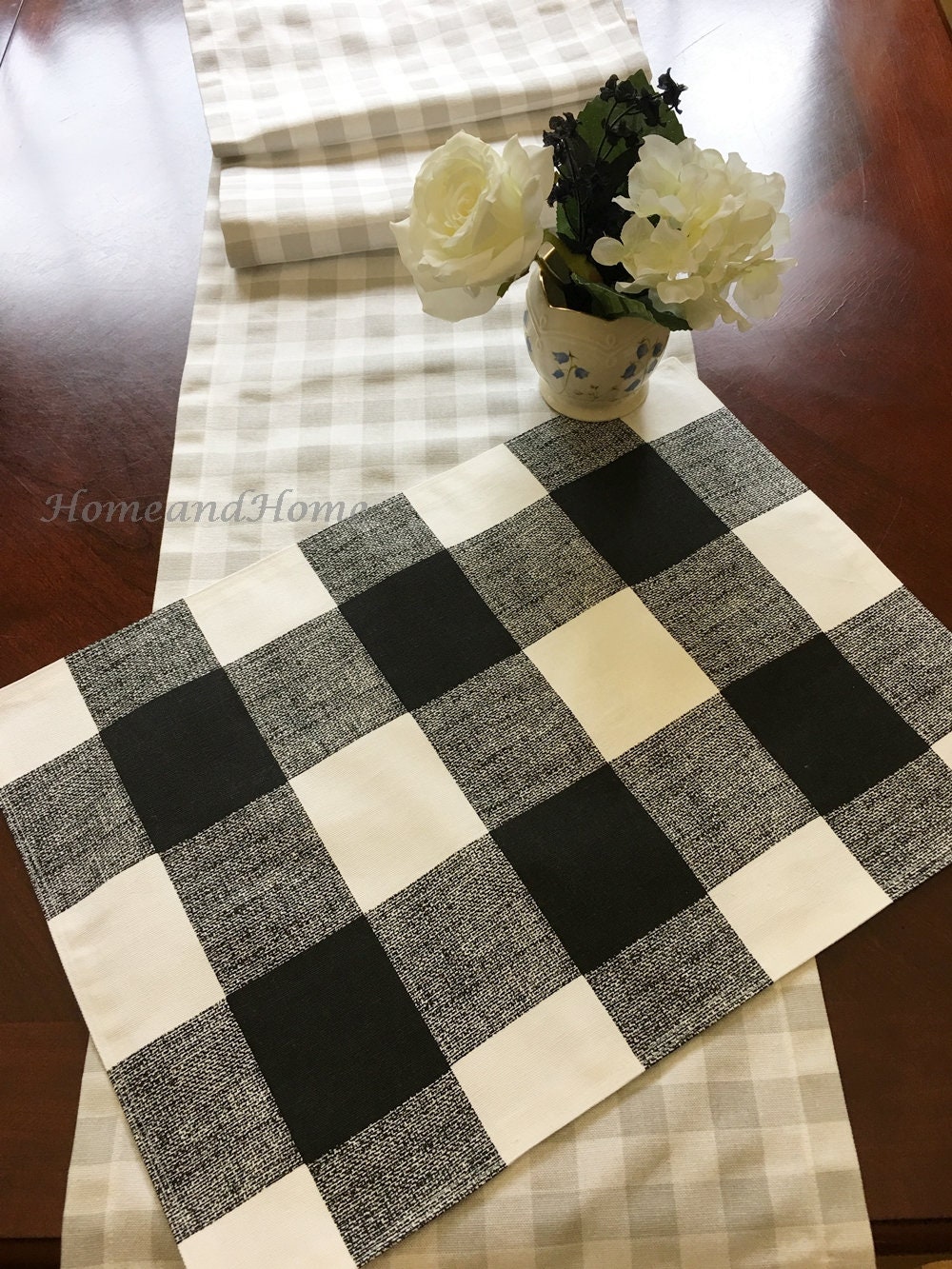 4 Tende A Quadri Buffalo Per Finestra - Mantovana In Cotone 46x132 Cm - Bianco E Nero