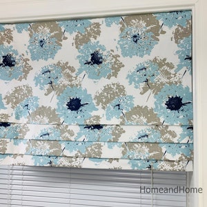 Faux Roman Shade. Flat Roman Shade Valance. Fake Roman Shade Valance. Spa Blue Valance. Snowy Blue Navy Blue White.