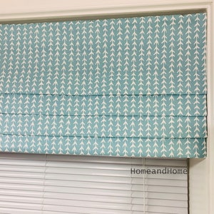 Faux Roman Shade. Flat Roman Shade Valance. Fake Roman Shade Valance. Spa Blue Valance. Snowy Blue Navy Blue White.